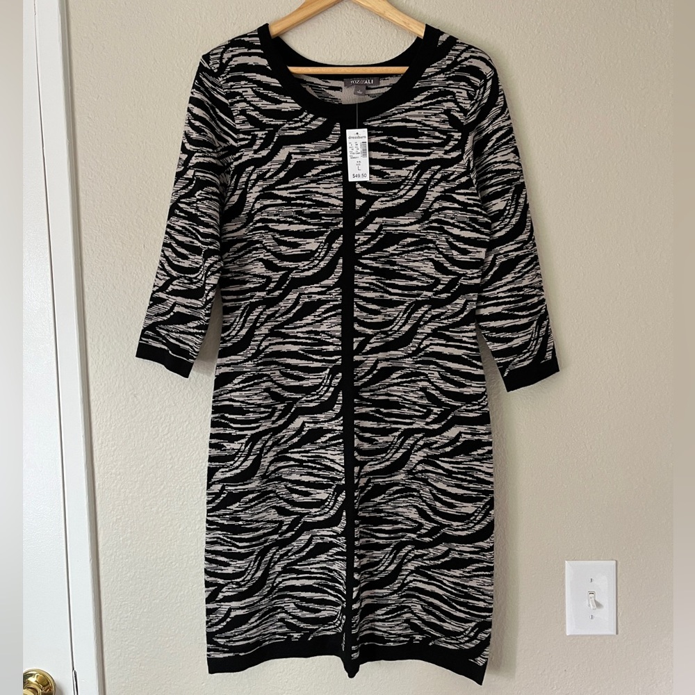 NWT Roz & Ali Soft Stretchy Knit 3/4 Sleeve Dress Body Con Striped Dress Barn L